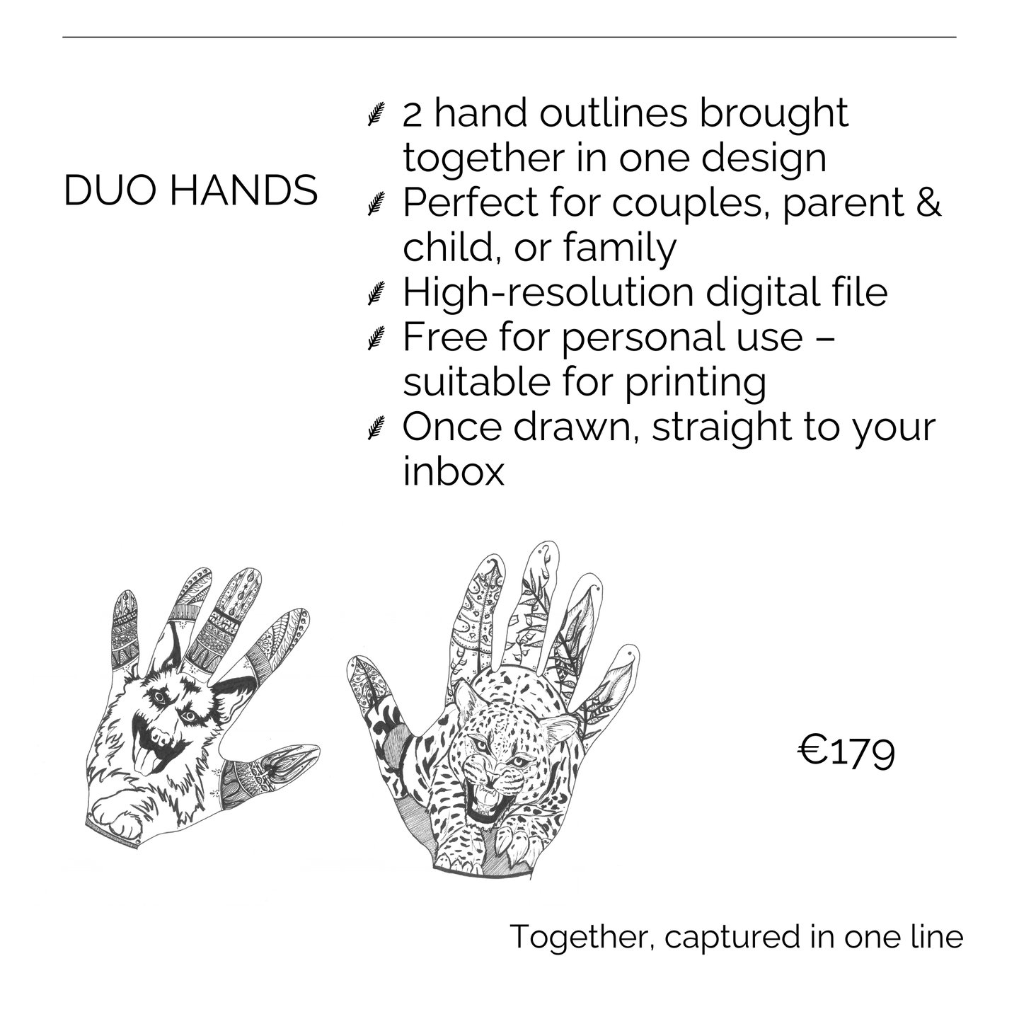 Duo hands line art custom digital portrait featuring intricate animal sketches inside two hand outlines.