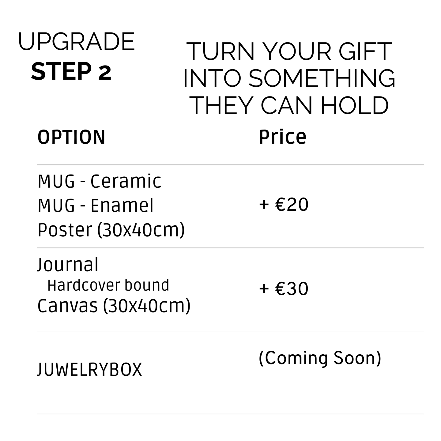 Gift upgrade price list for custom ceramic mugs, enamel mugs, posters, journals, and canvas art.