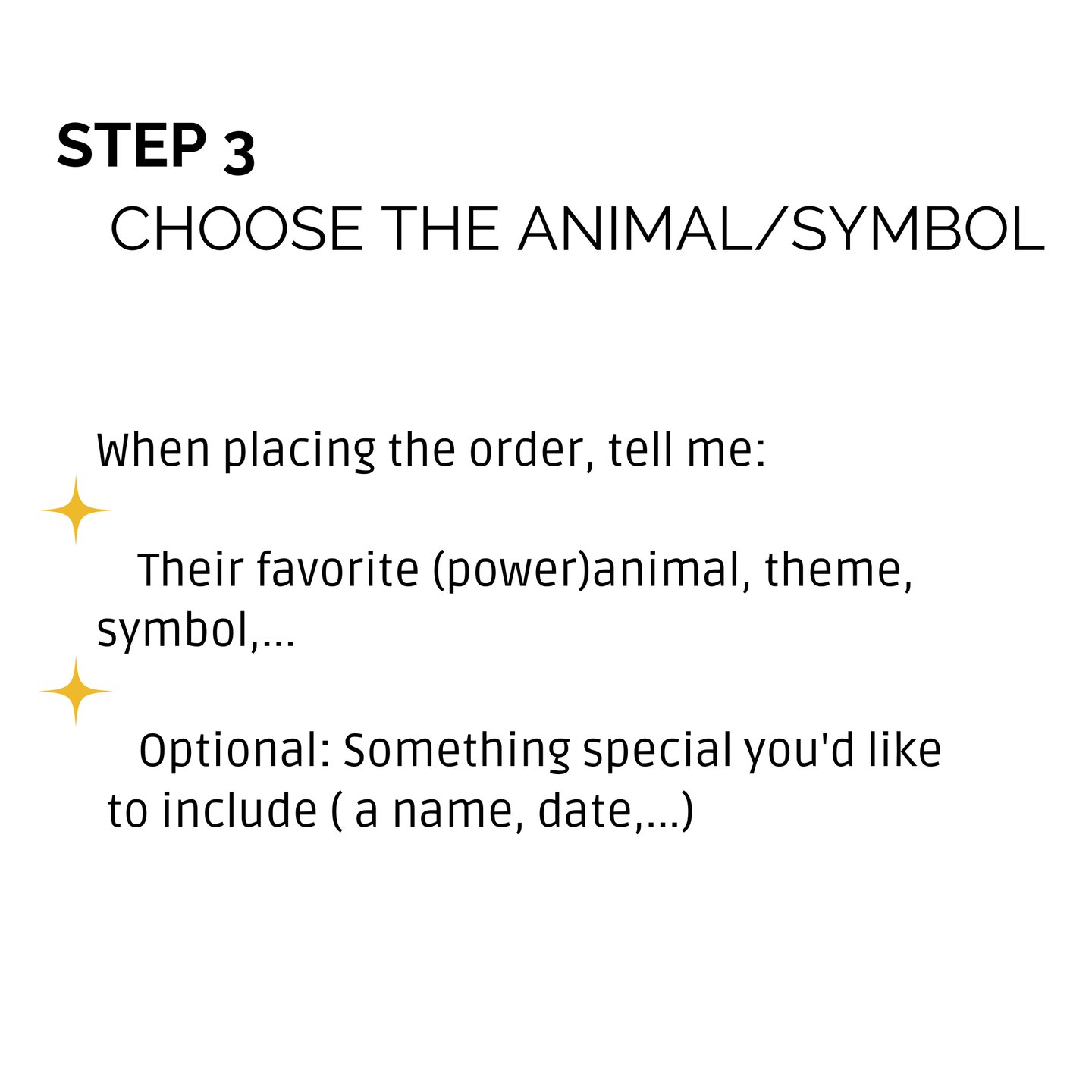 Step 3 instructions for choosing a custom power animal, theme, or symbol for a personalized order.