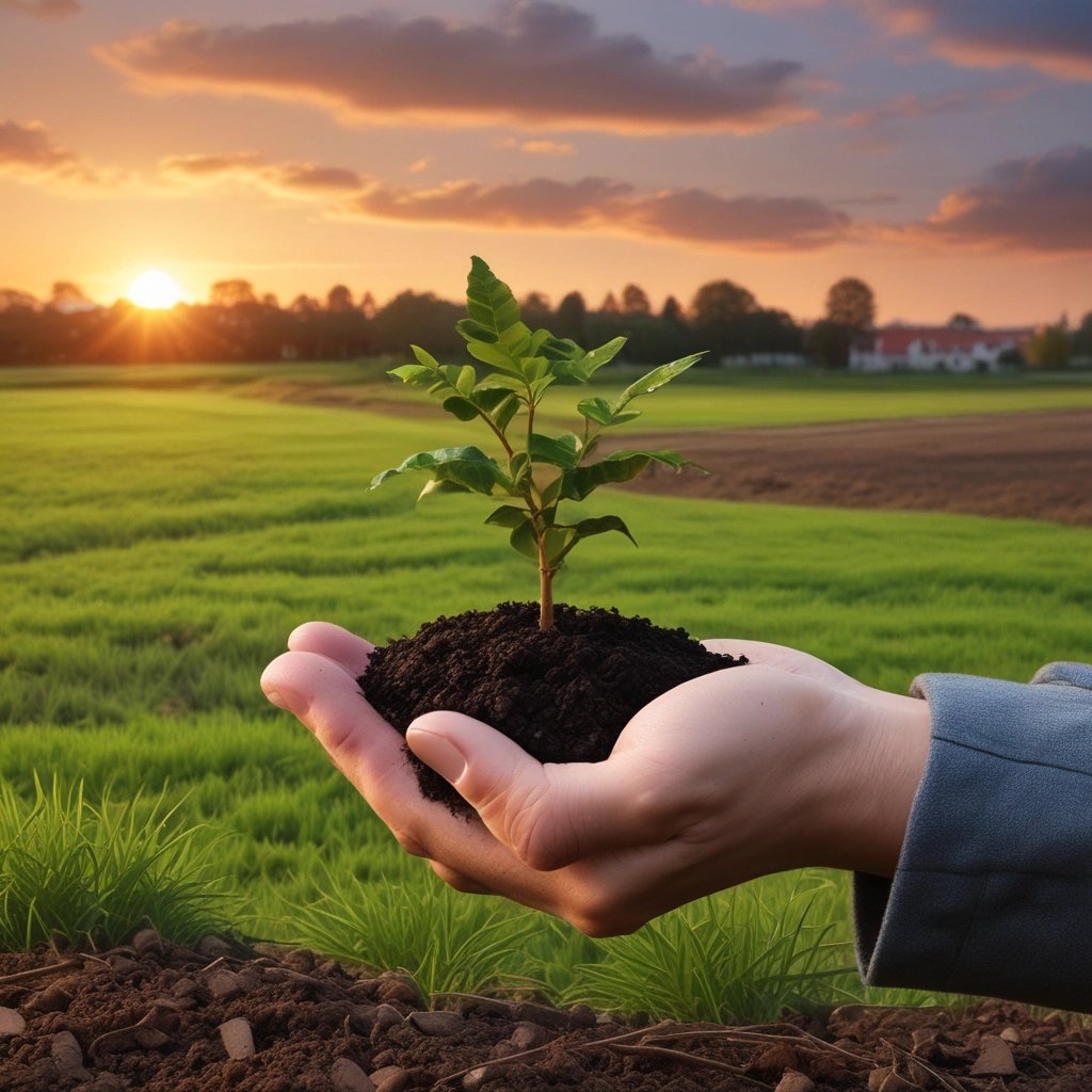 Close-up of rich, dark worm humus being spread on fertile soil in a sunny farm field.