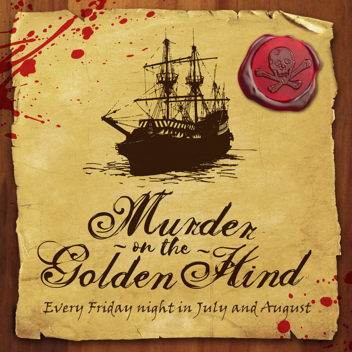 Flyer for a pirate themed murder mystery party.