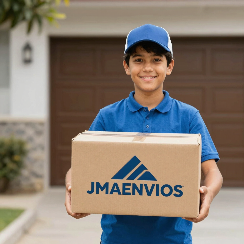 A friendly delivery person handing a package to a happy customer in a bright office setting.