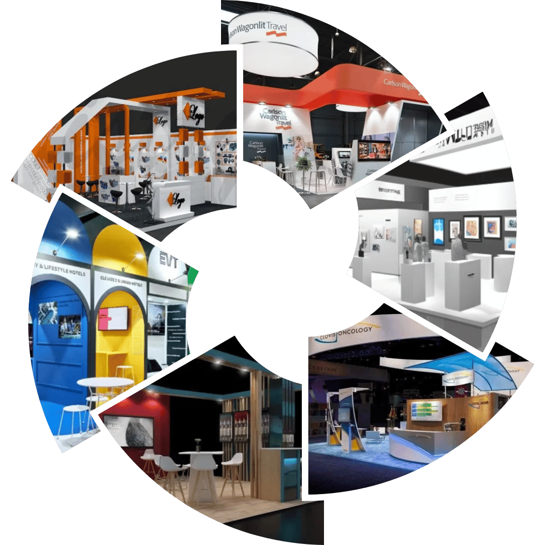 Collage of modern custom exhibition stand designs and trade show booths featuring creative lighting and branding.
