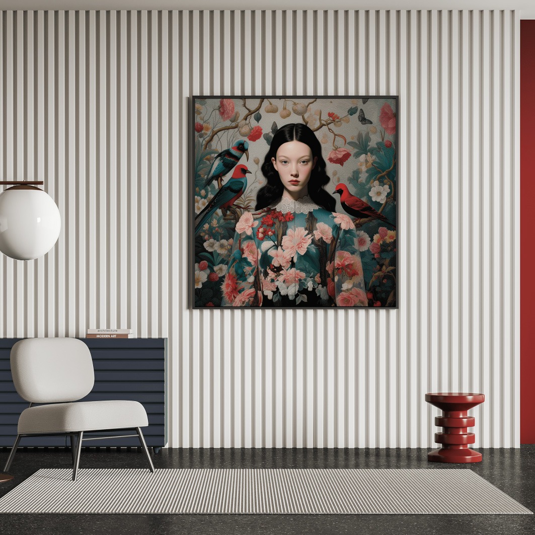 Woman with a Bird textured art canvas with textile backing