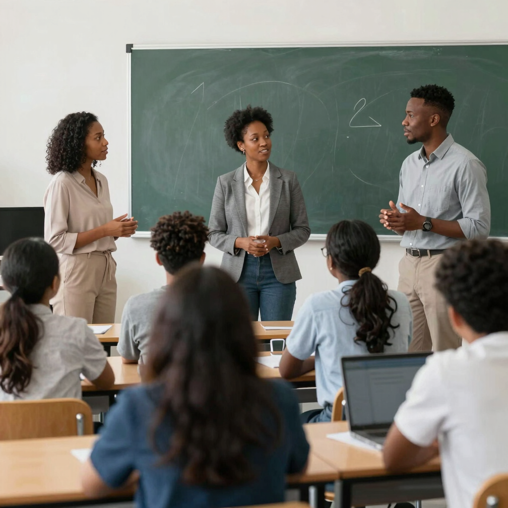 A diverse group of students engaged in a lively mentorship session with a caring mentor in a cozy study room.
