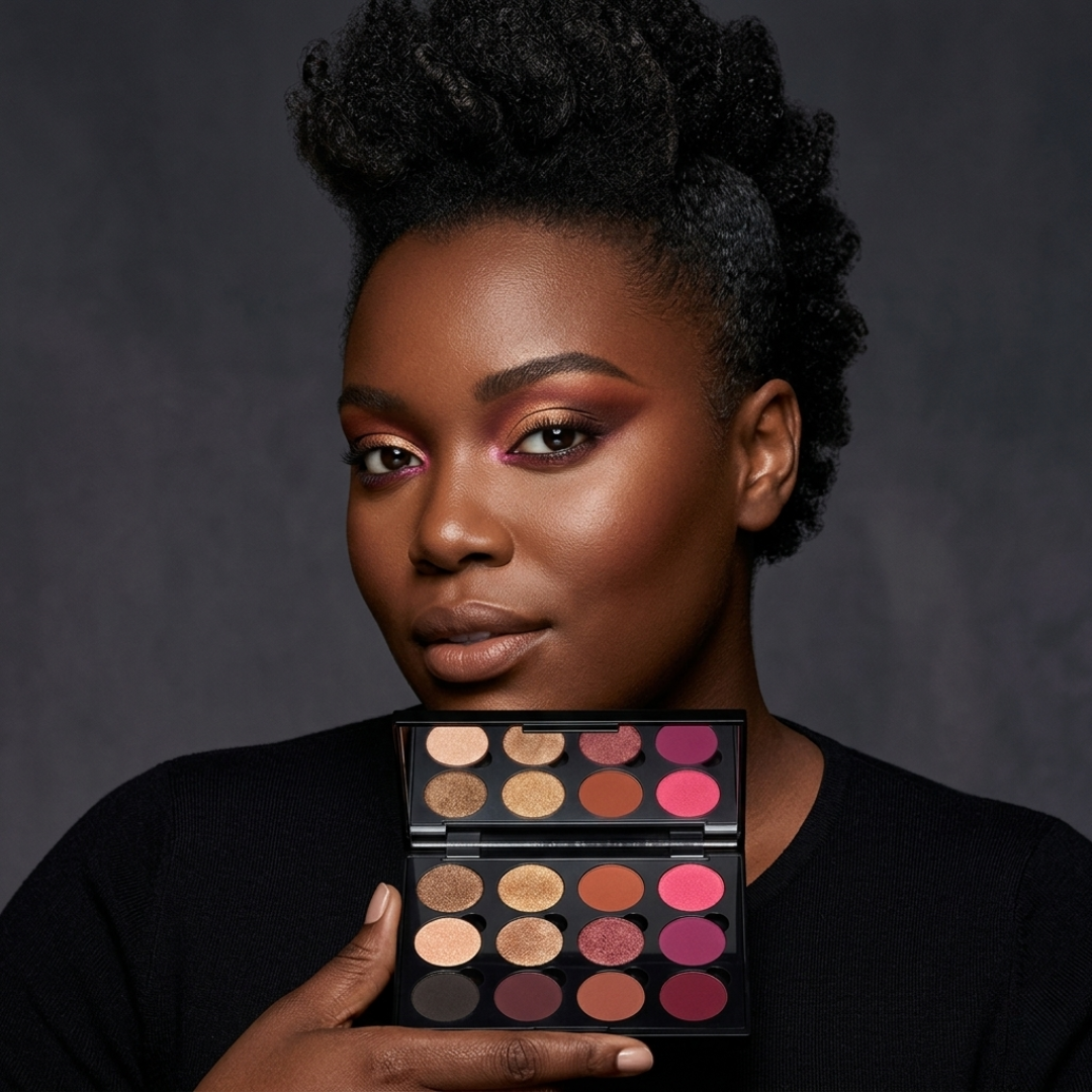 A model with a mohawk hairstyle holding a luxury eyeshadow palette with pink and gold shades.