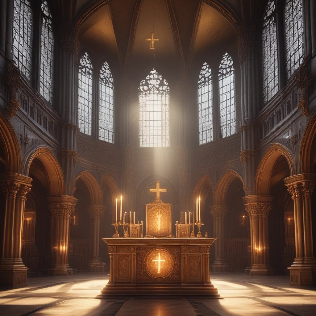 A serene deep blue background with a glowing gold cross and omega symbol intertwined, radiating light.