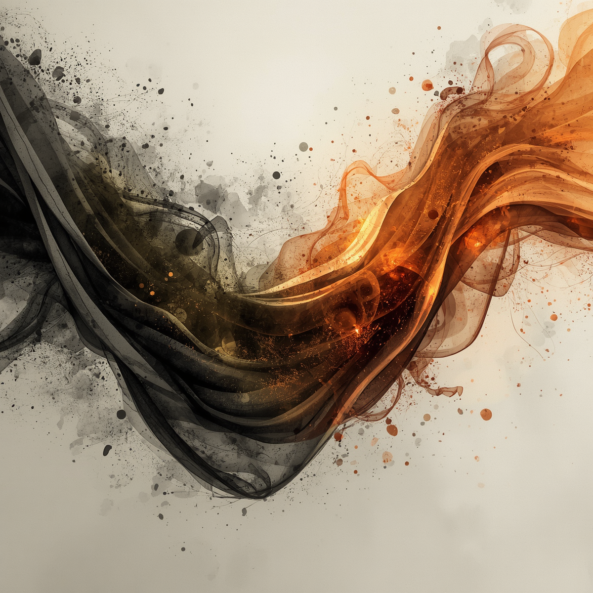 Abstract watercolor art featuring flowing swirls of black and orange smoke with paint splatters.