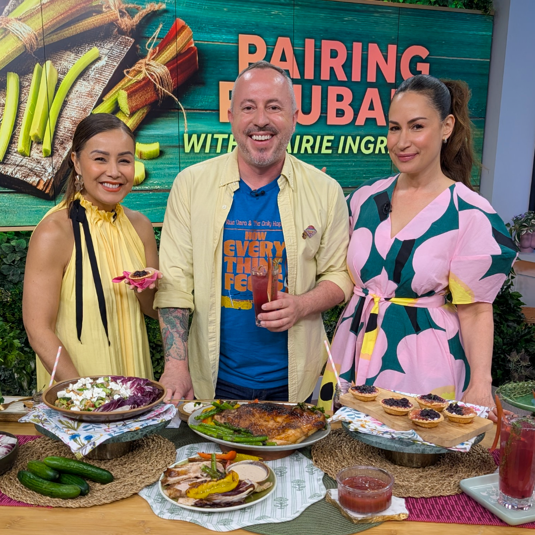 Dan Clapson holding a rhubarb cocktail on The Social set with Cynthia Loyst and Melissa Greco