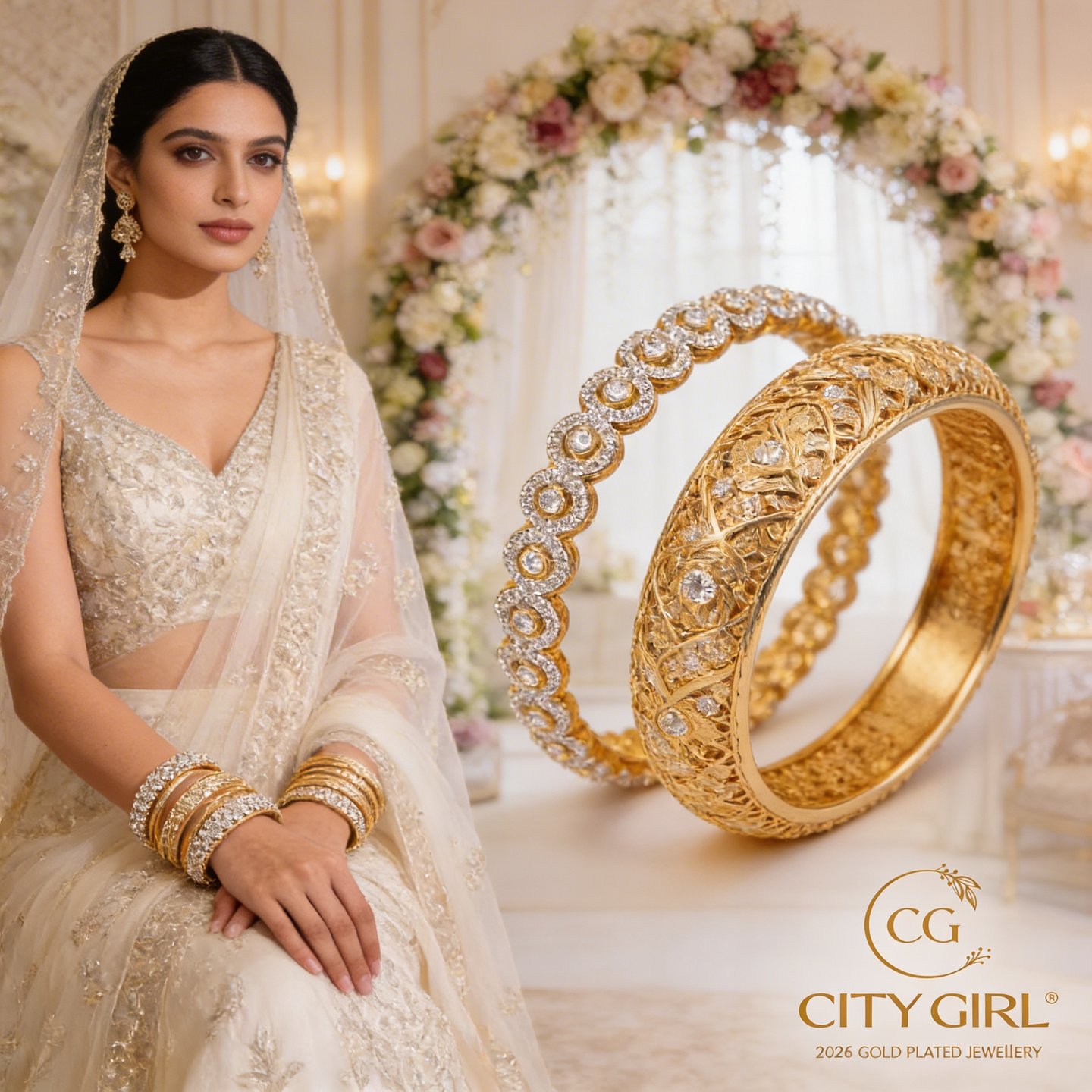 18K gold plated party wear bangles with sparkling AD stones, long-lasting anti-tarnish finish