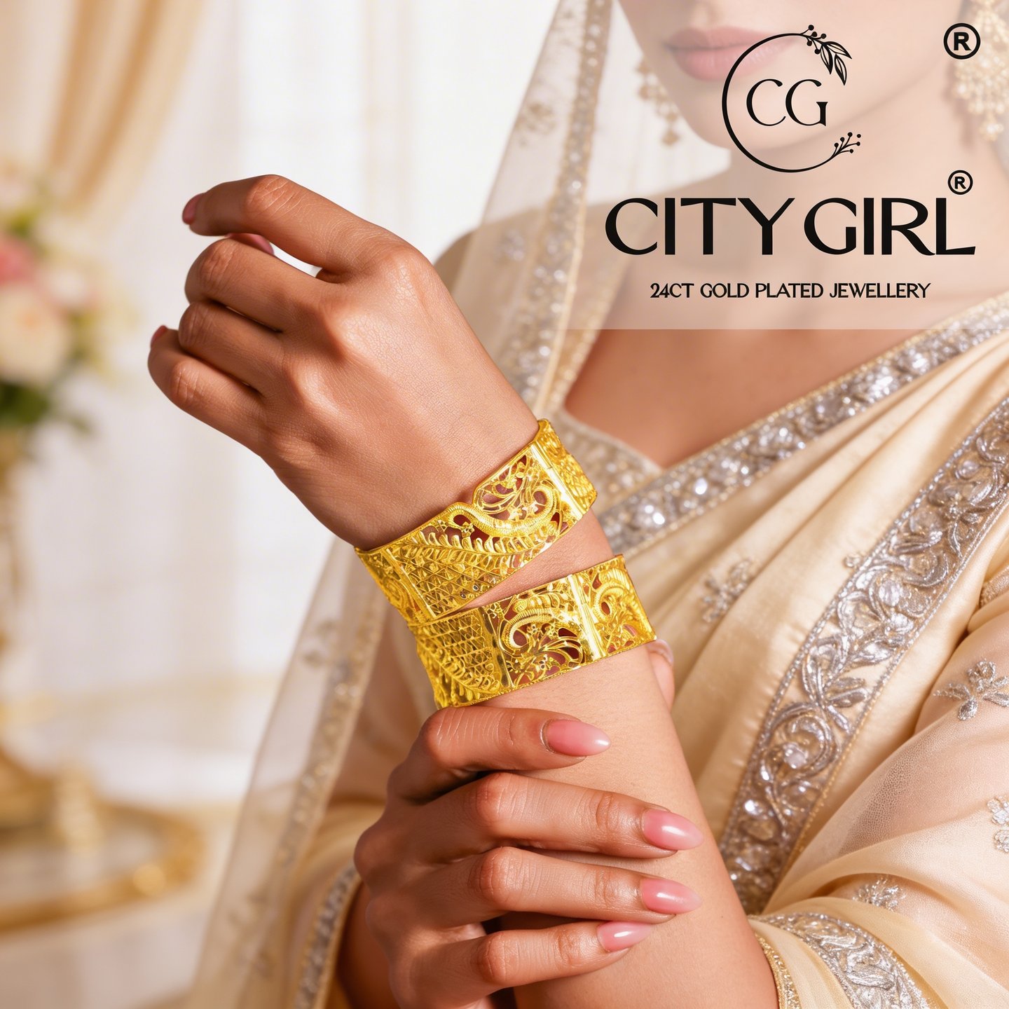 18K gold plated bridal bangles with intricate work — anti-tarnish jewellery by City Girl Jewellery
