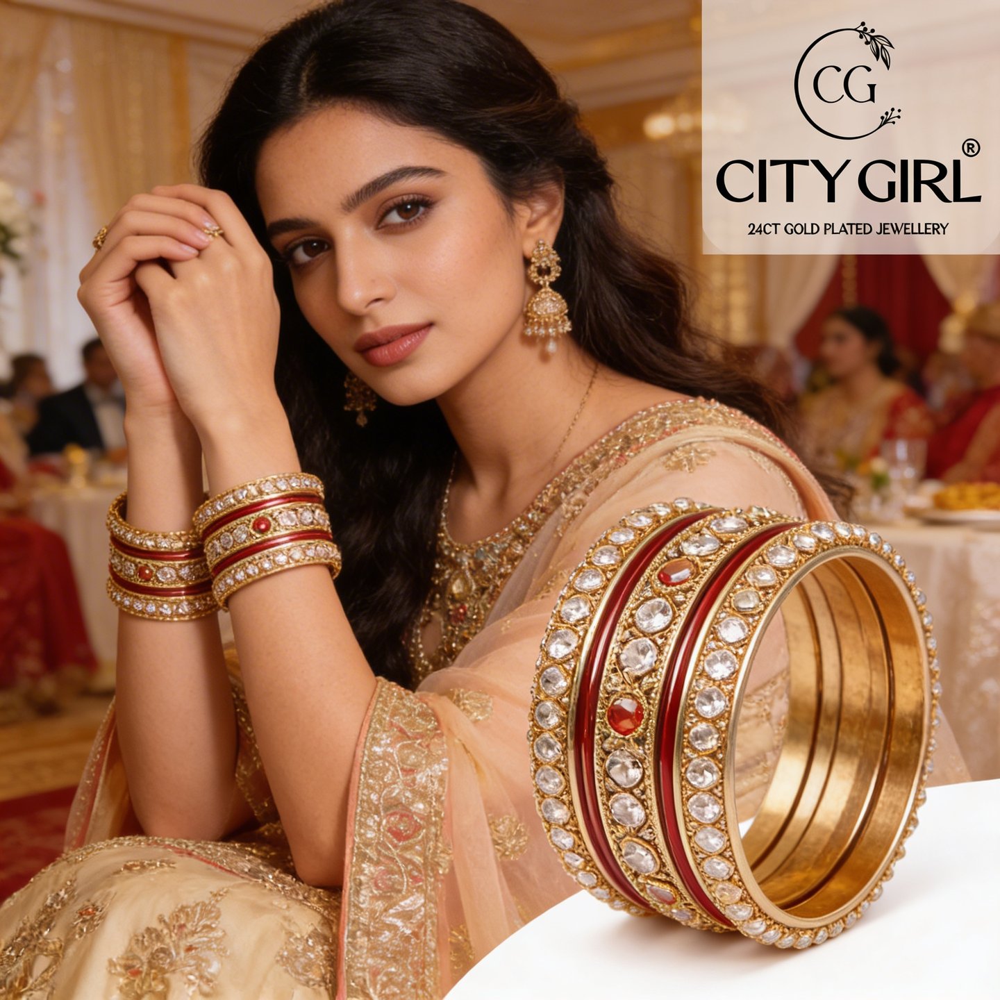 AD stone bangles with anti-tarnish 18K gold plating, Bridal Party Wear - City Gold Churi Design