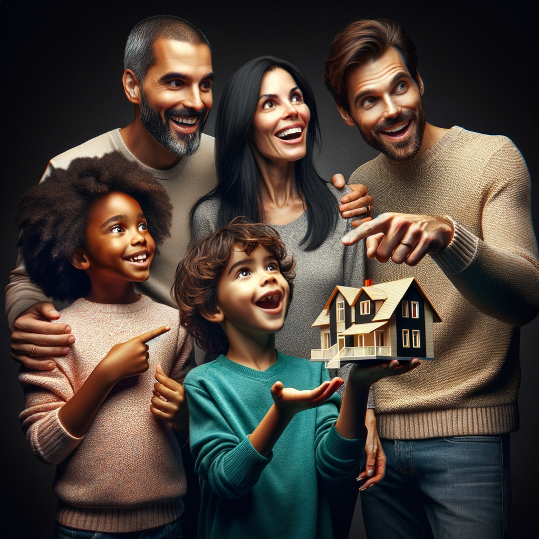 a family holding a model of a house