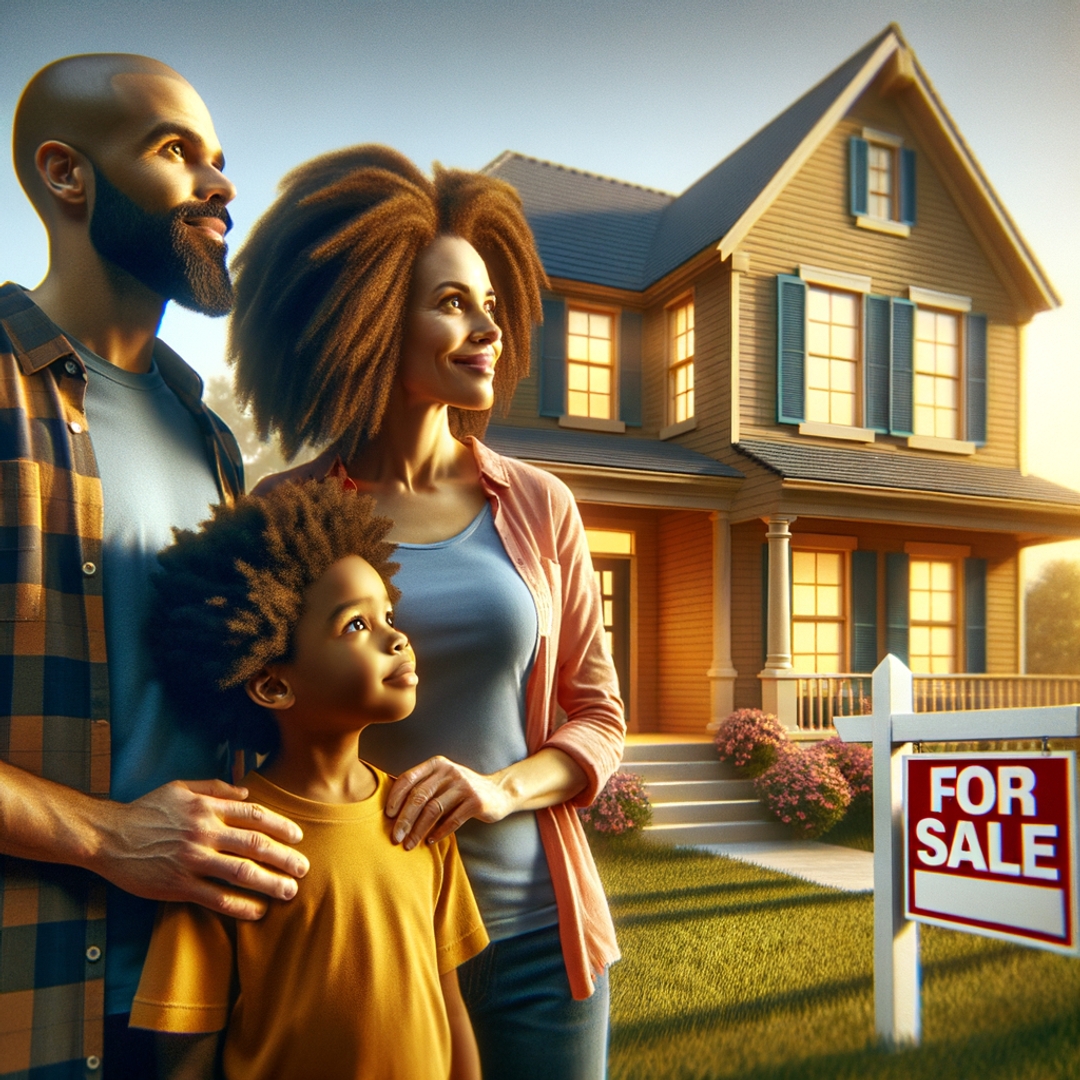 a family buying new home with a for sale sign