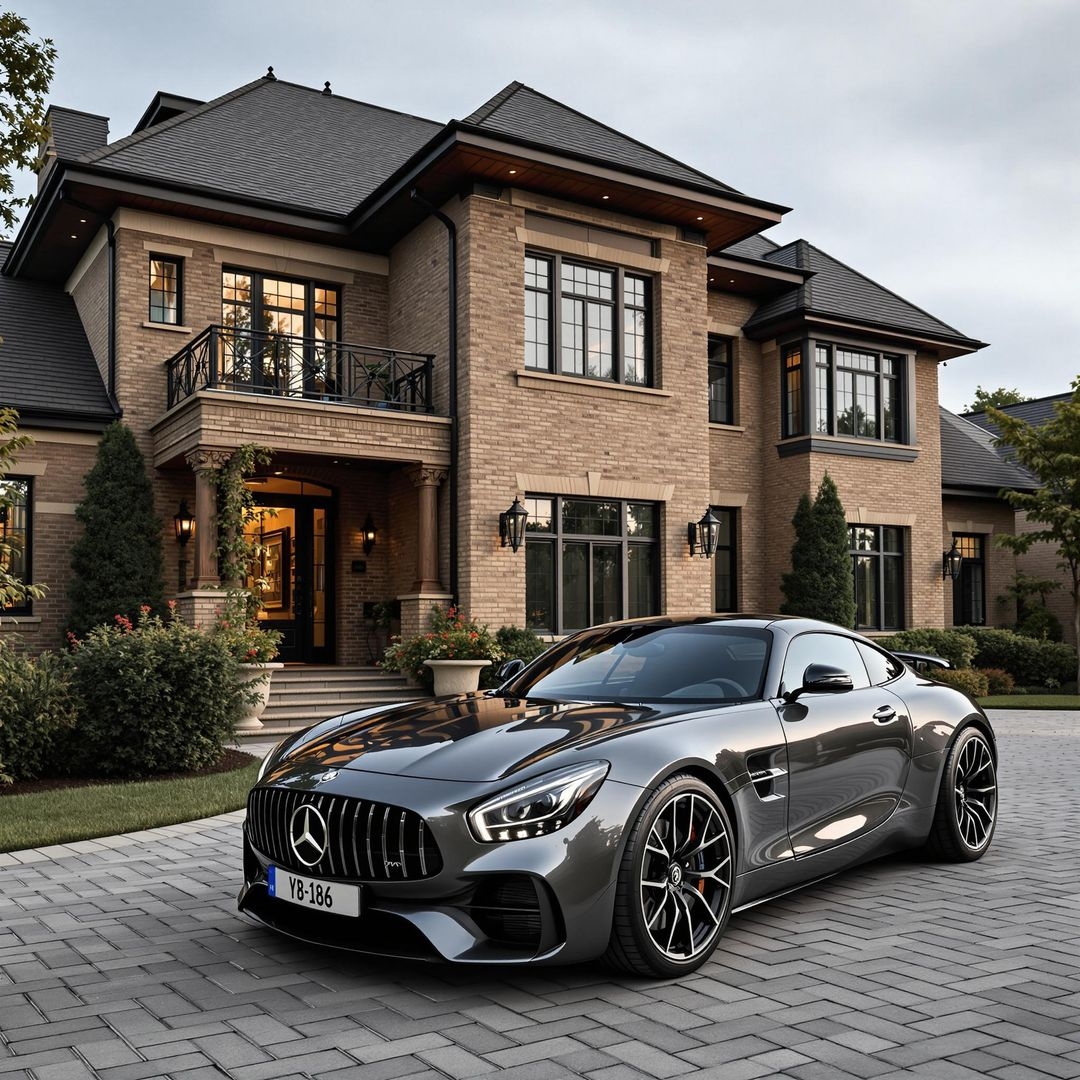 large house with luxury car in front