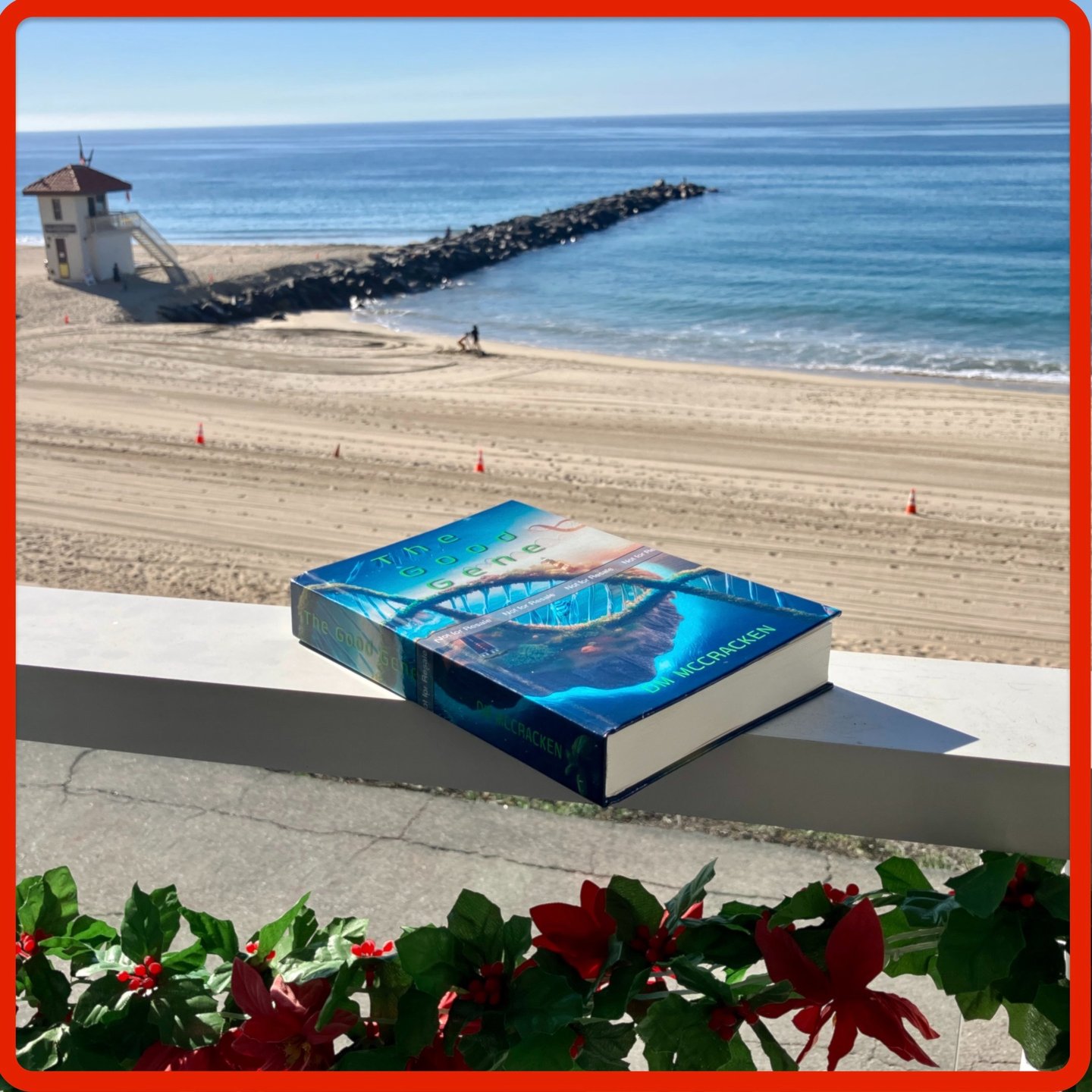 Hardcover of The Good Gene with ocean in the background.