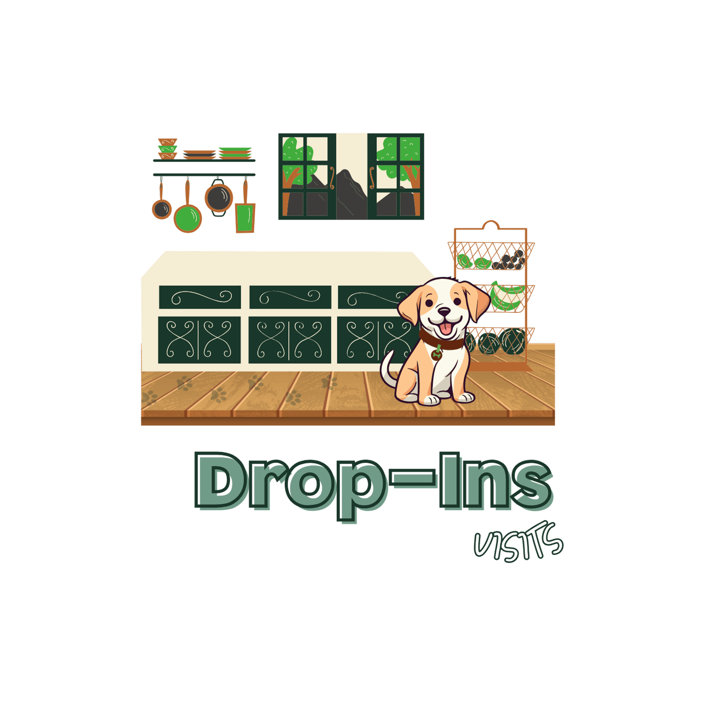 Illustration for Julia's Pet Pals drop-in visits in Boston, featuring a happy dog in a cozy kitchen with the text 'Drop-Ins'