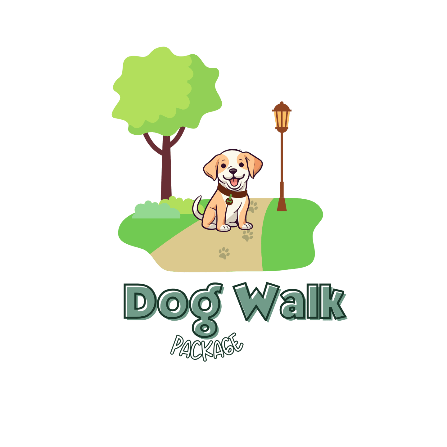 Julia's Pet Pals in Massachusetts dog mascot in a park going on a dog walk with text that reads 'dog walk service'