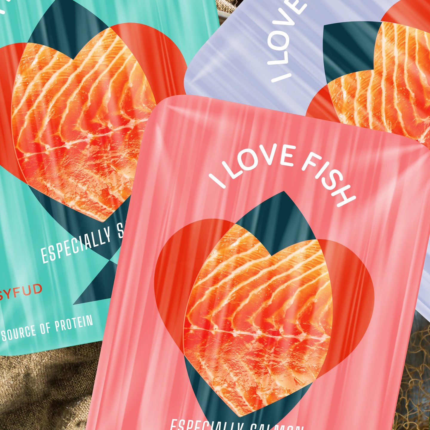 salmon packaging design, bright colors, simplistic design