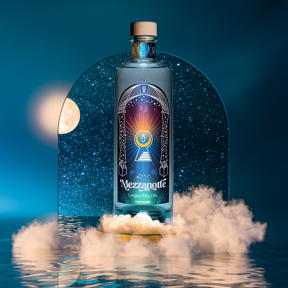 una bottiglia di Gin Mezzanotte su uno sfondo stellato con la luna e alcune nuvole