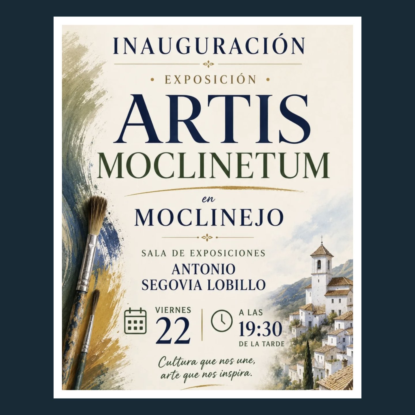 Poster for Artis Moclinetum art exhibition in Moclinejo featuring paintbrushes and a Spanish village illustration.