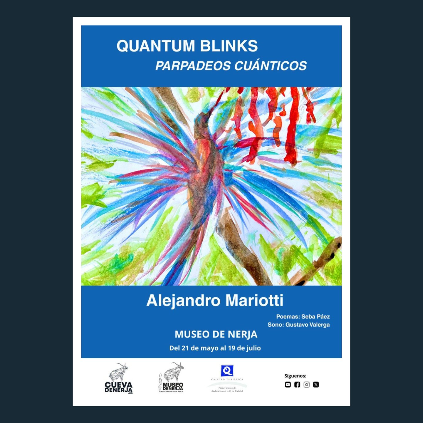 Poster for the Quantum Blinks art exhibition by Alejandro Mariotti at the Museo de Nerja.