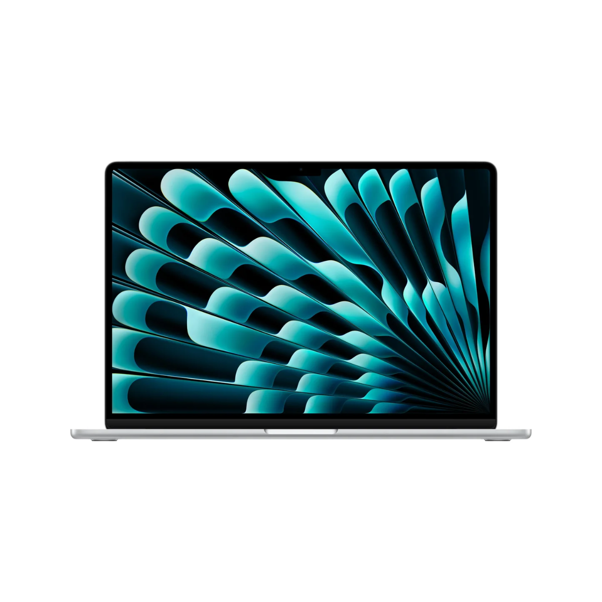 Silver Apple MacBook Air laptop with liquid retina display showing teal abstract wallpaper.