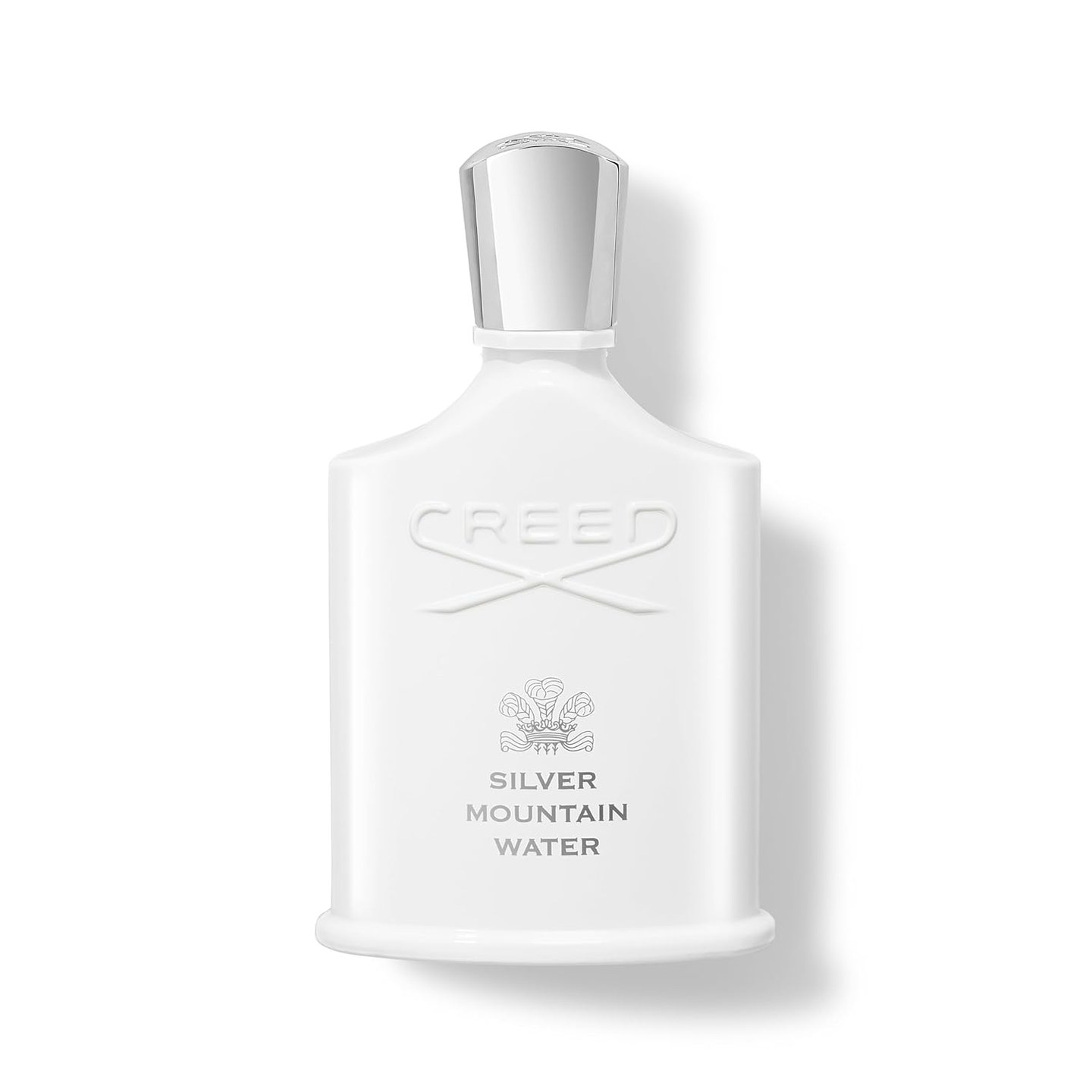 Creed Silver Mountain Water luxury fragrance bottle with a white finish and silver cap.