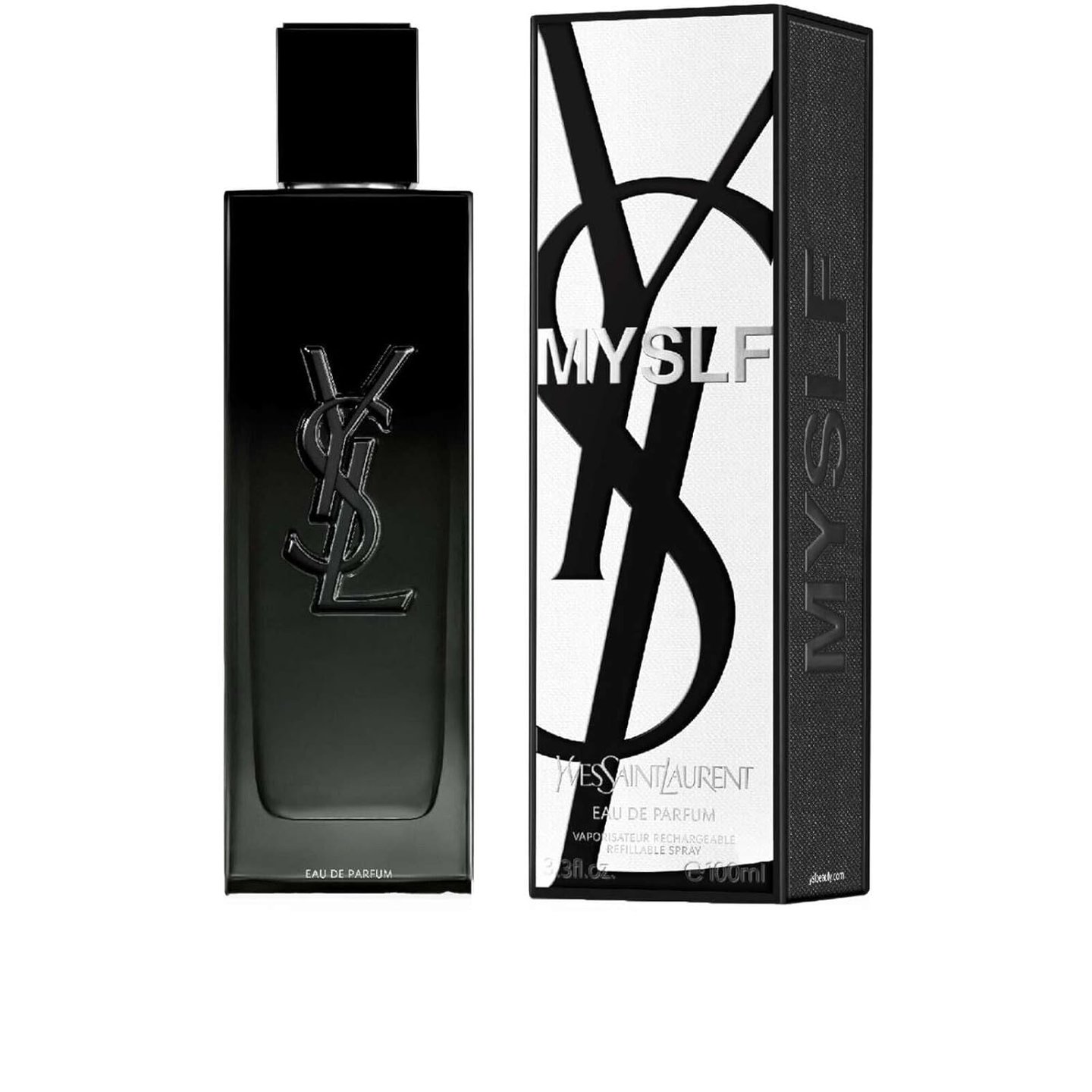 YSL MYSLF Eau de Parfum refillable spray bottle and black branded box for men.
