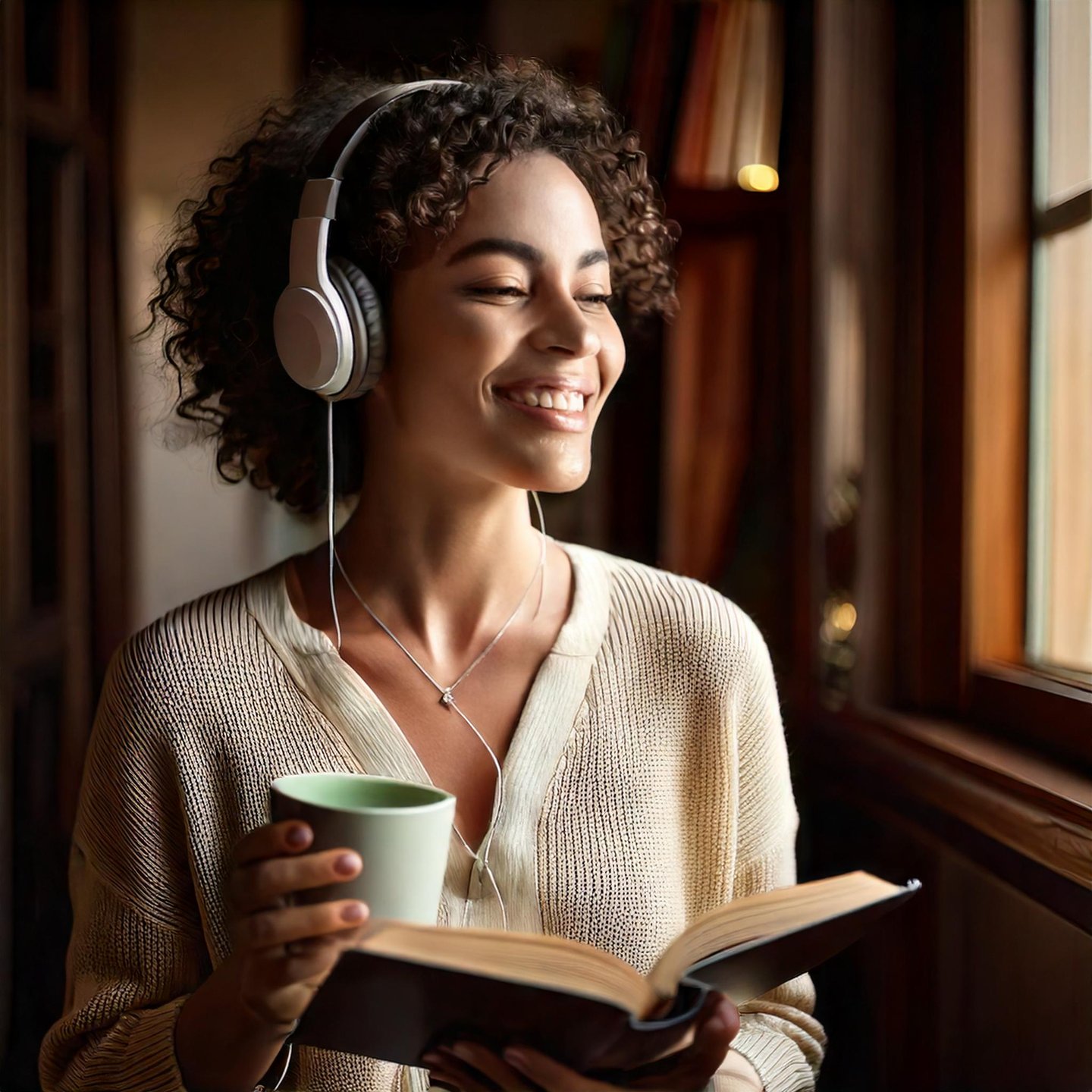 a woman with headphones smiling and reading a book