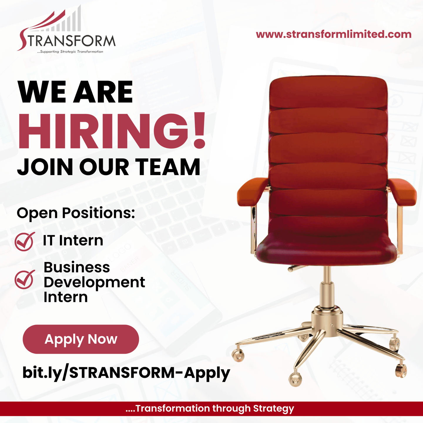 a red office chair with a red chair and a laptop