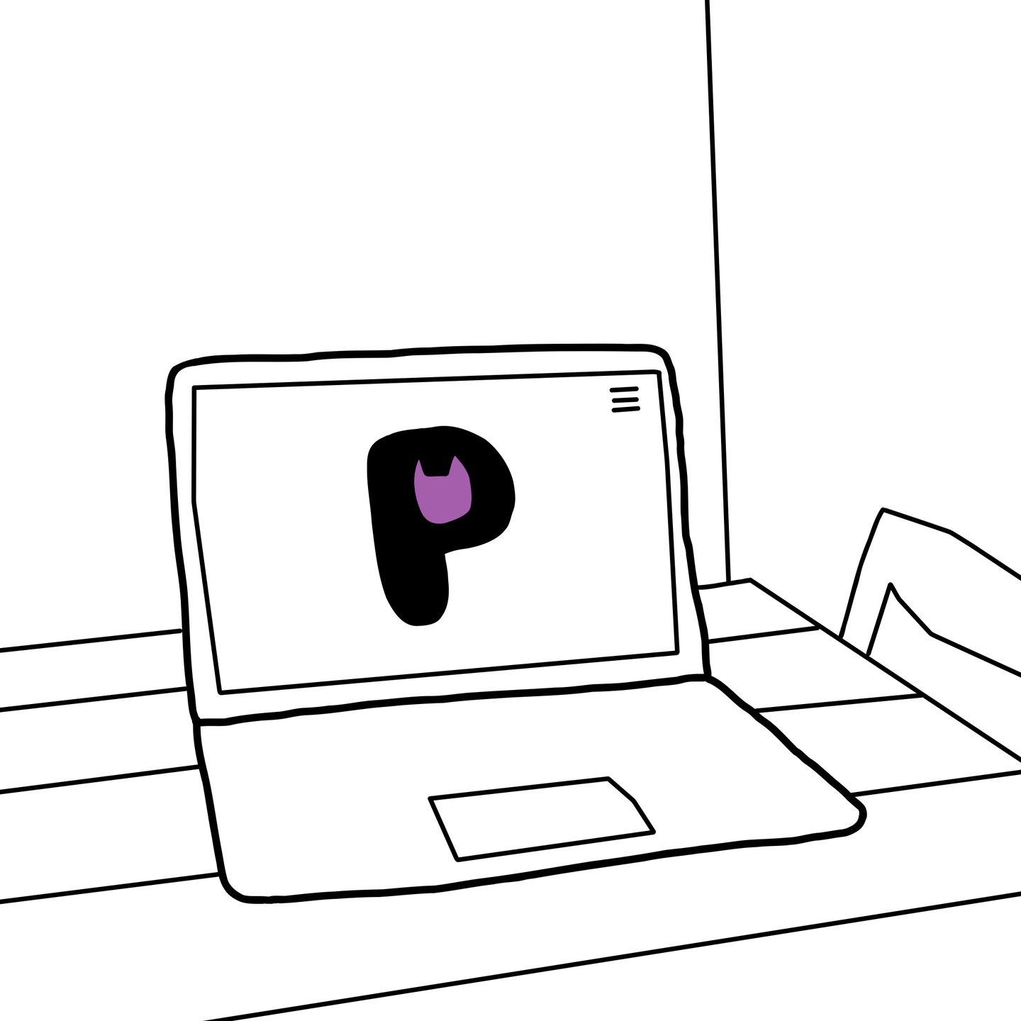 laptop drawing on table with purrsonal logo on screen