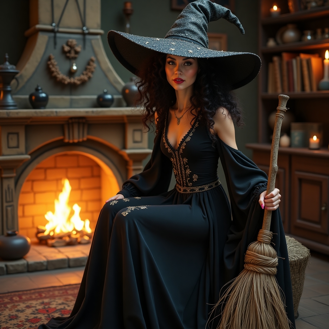 Misteriozna veštica pored kamina, kao prikaz tematske escape room sobe "Koliba zlih veštica" u Nišu.