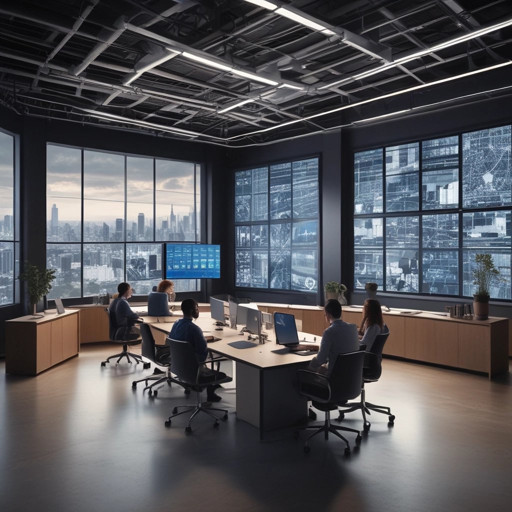 A diverse team collaborating around a high-tech workspace with digital screens displaying network and cloud data.