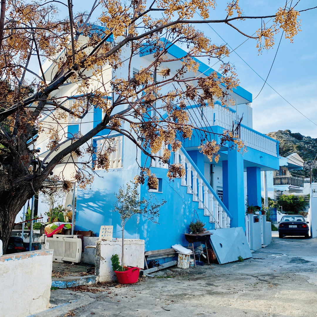 a blue house with a tree in the foreground
