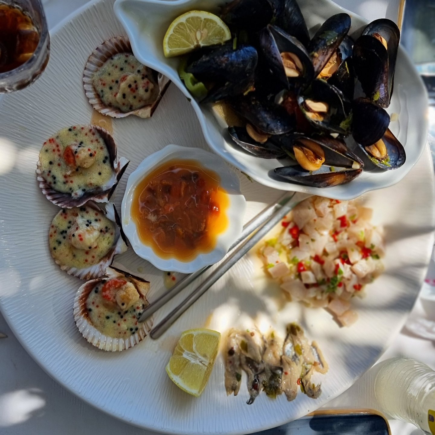 Fresh seafood platter with grilled scallops in shells, steamed mussels, ceviche, and lemon wedges.