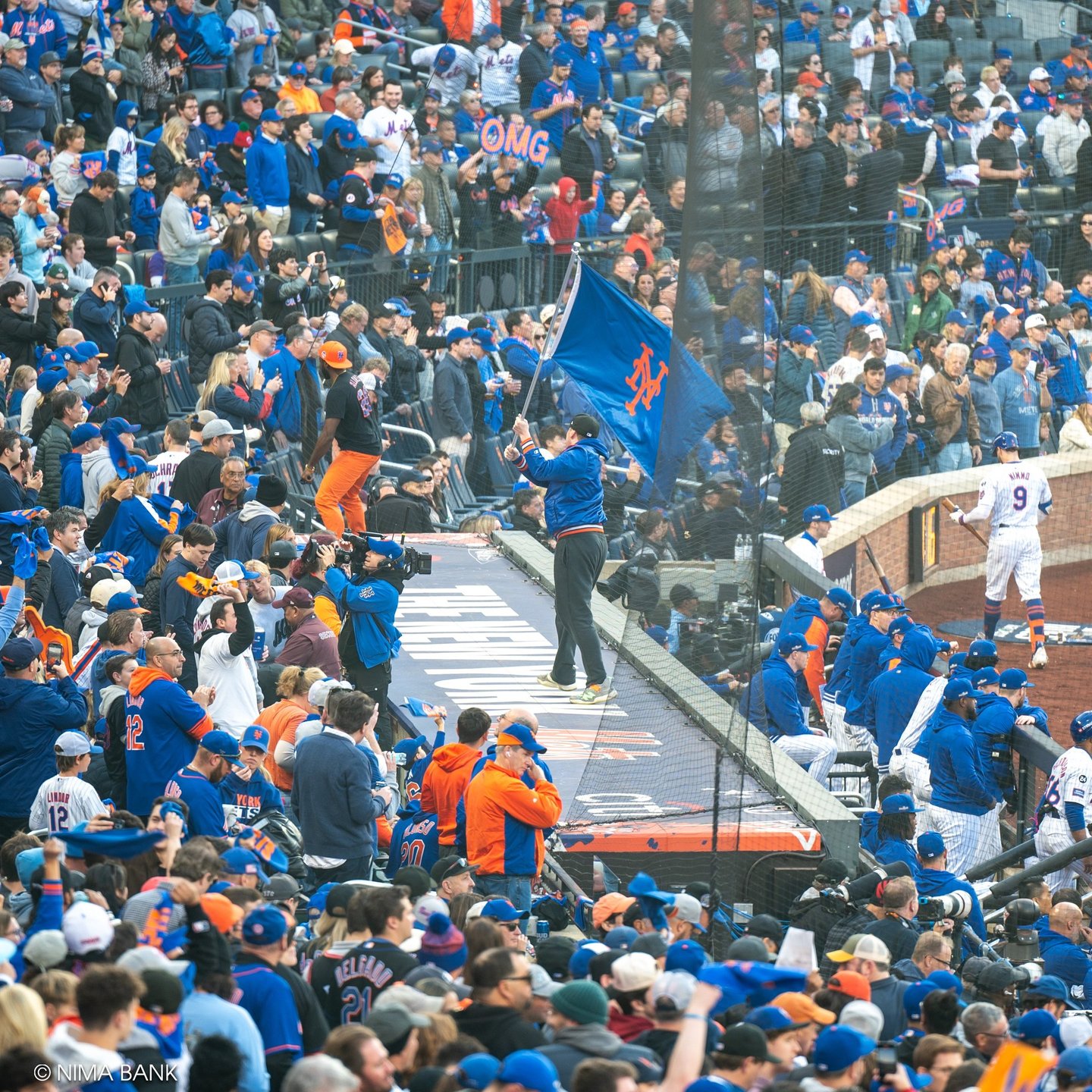 mets fan holding a team flag standing on the home dugout in citifield at the 2024 mets nlcs game 5