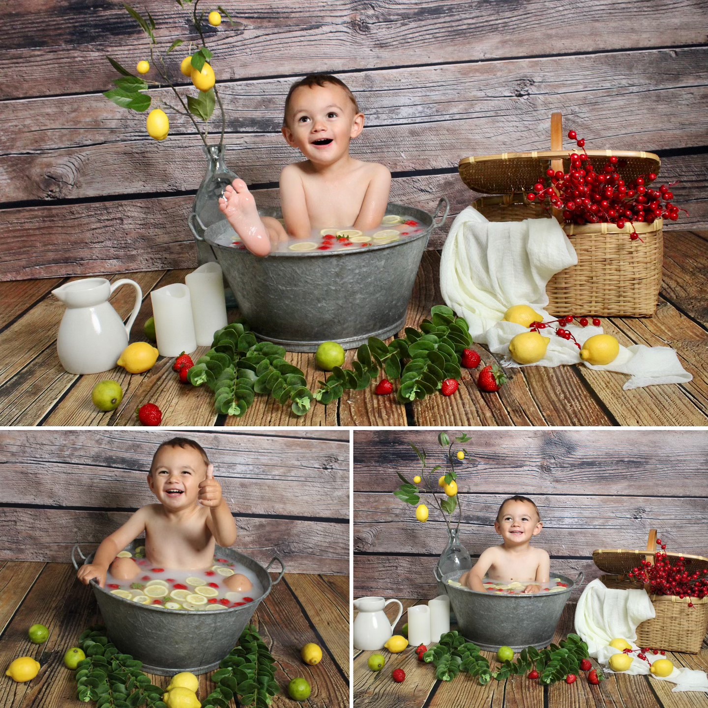 Séance photo bain de lait enfant, enfant dans une baignoire en étain avec des citrons