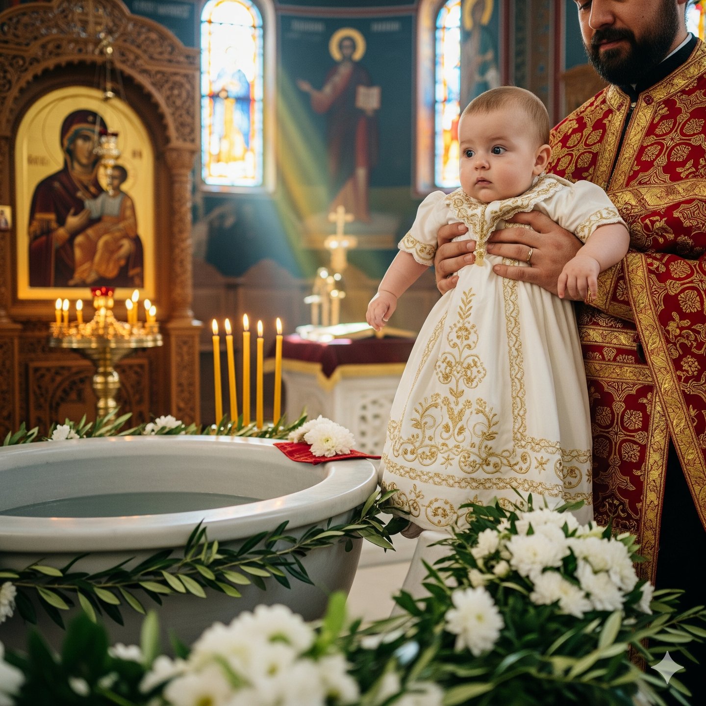 Ένα μωρό με μια λευκή φορεσιά στην τελετή της βάπτισής του.