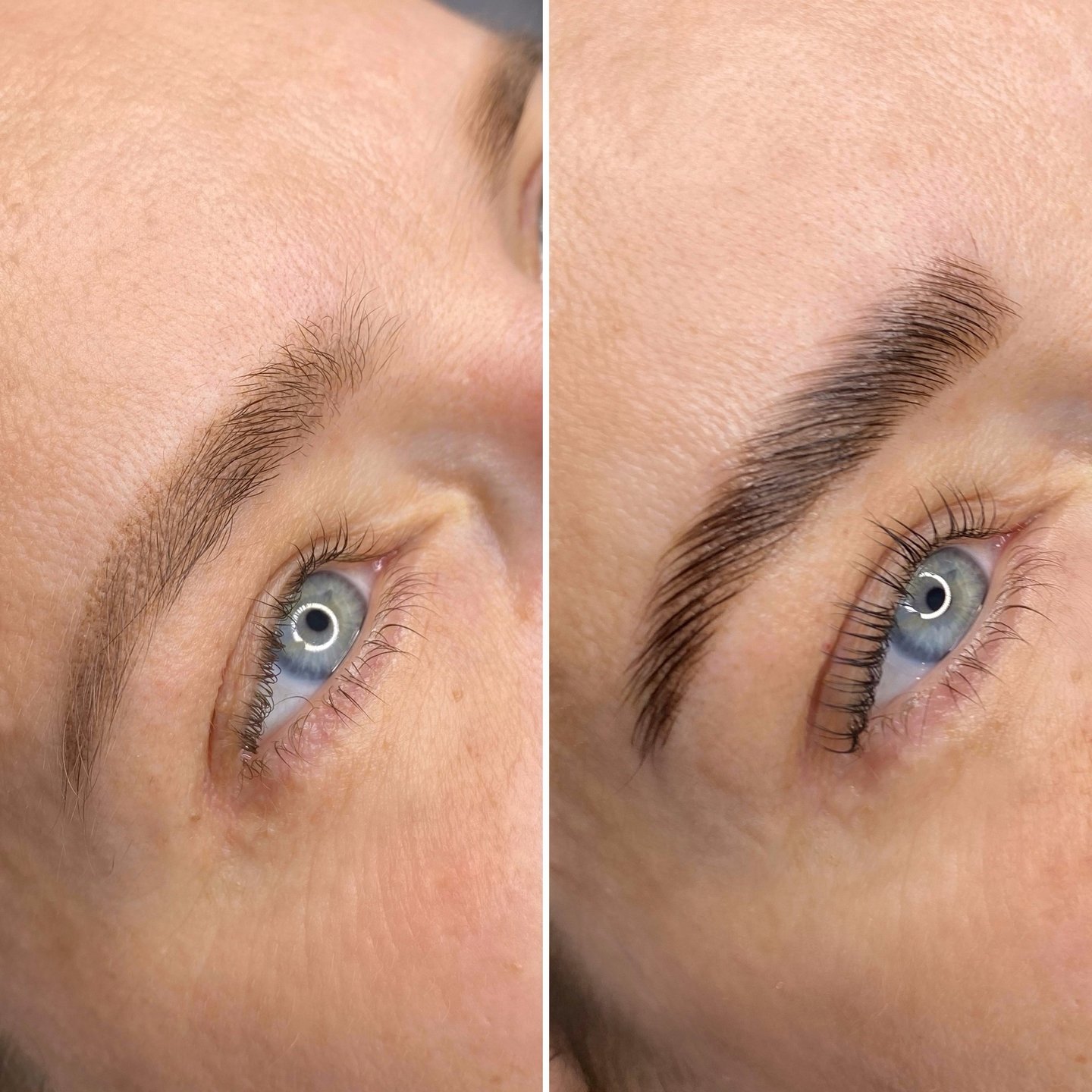 Before and after results of a professional eyebrow lamination and tinting treatment for fuller brows.