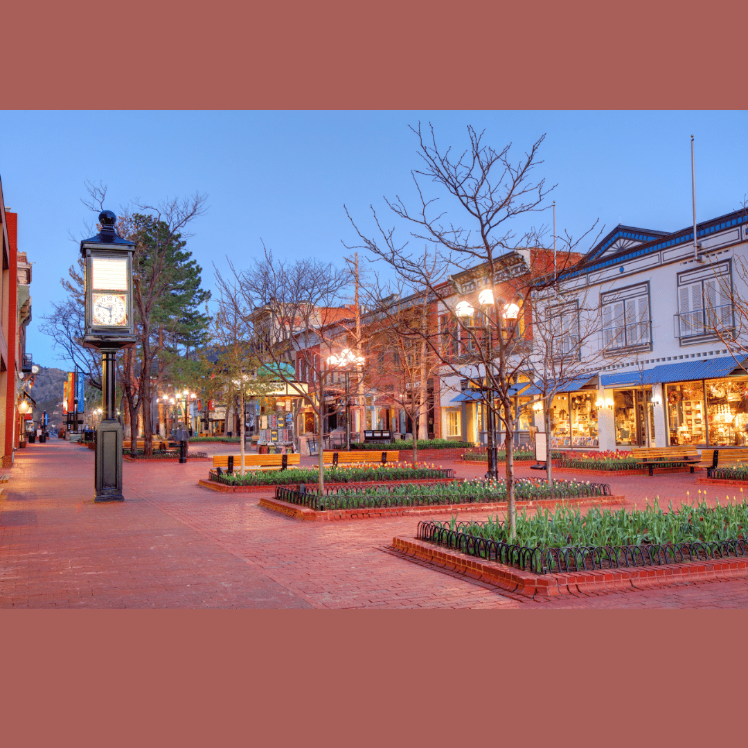 Pearl Street Mall in Boulder spring sunset