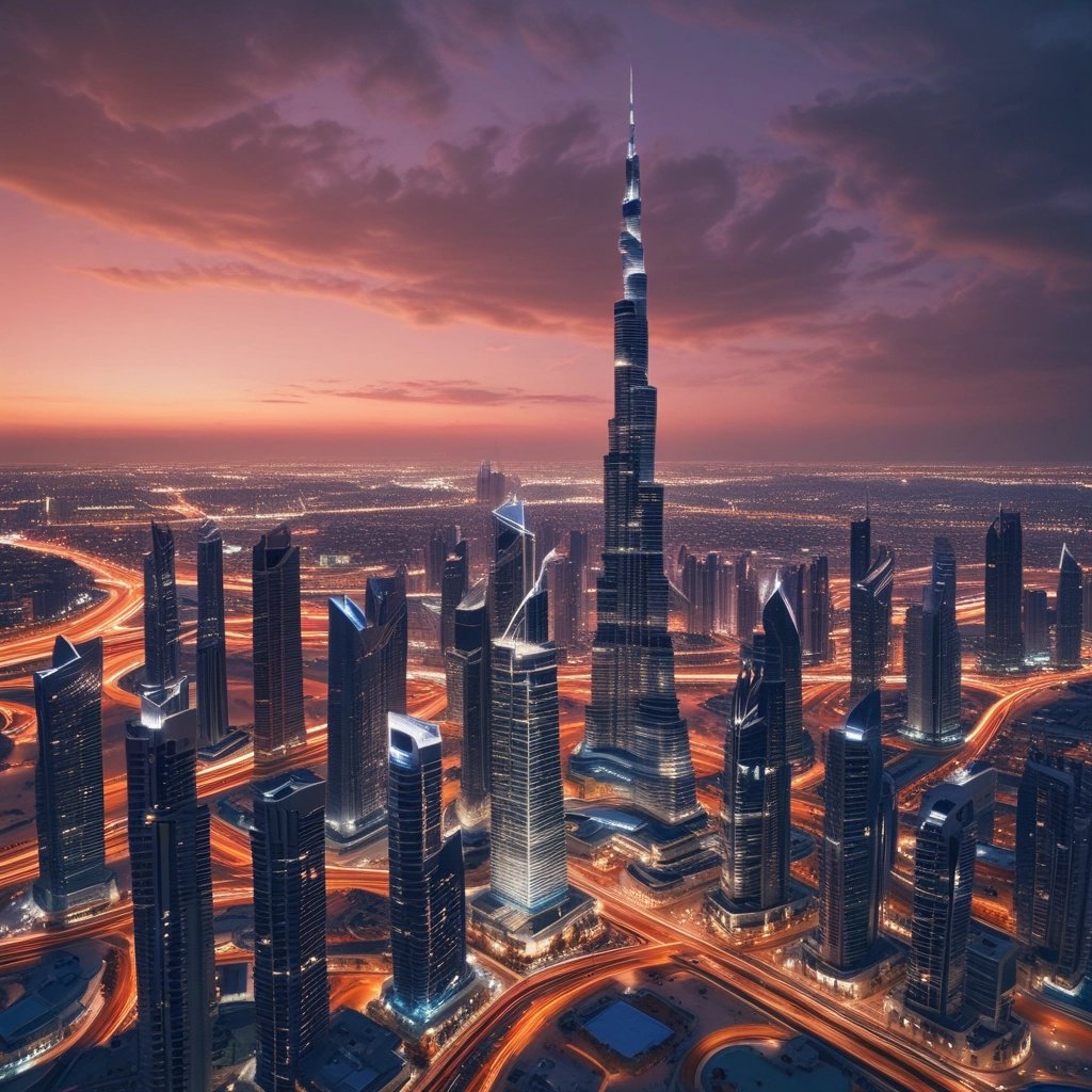 A cityscape featuring modern high-rise buildings beneath a dramatic, cloudy sky. The skyline includes a prominent skyscraper with the label 'DAMAC' alongside other tall structures. Palm trees line the waterfront, and a bridge crosses over a body of water in the foreground.