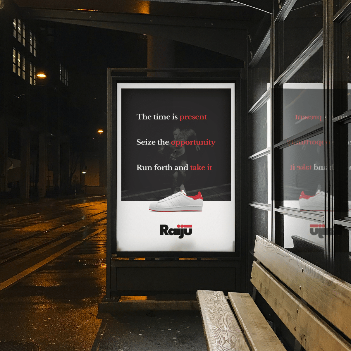 Raiju motivational poster on a bus stop in a dimly-lit street