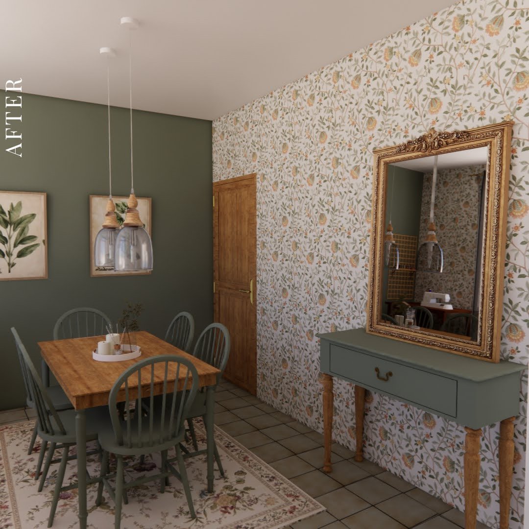 salon avec papier peint fleuri table ancienne mur kaki et luminaires en verre ainsi qu'une console 