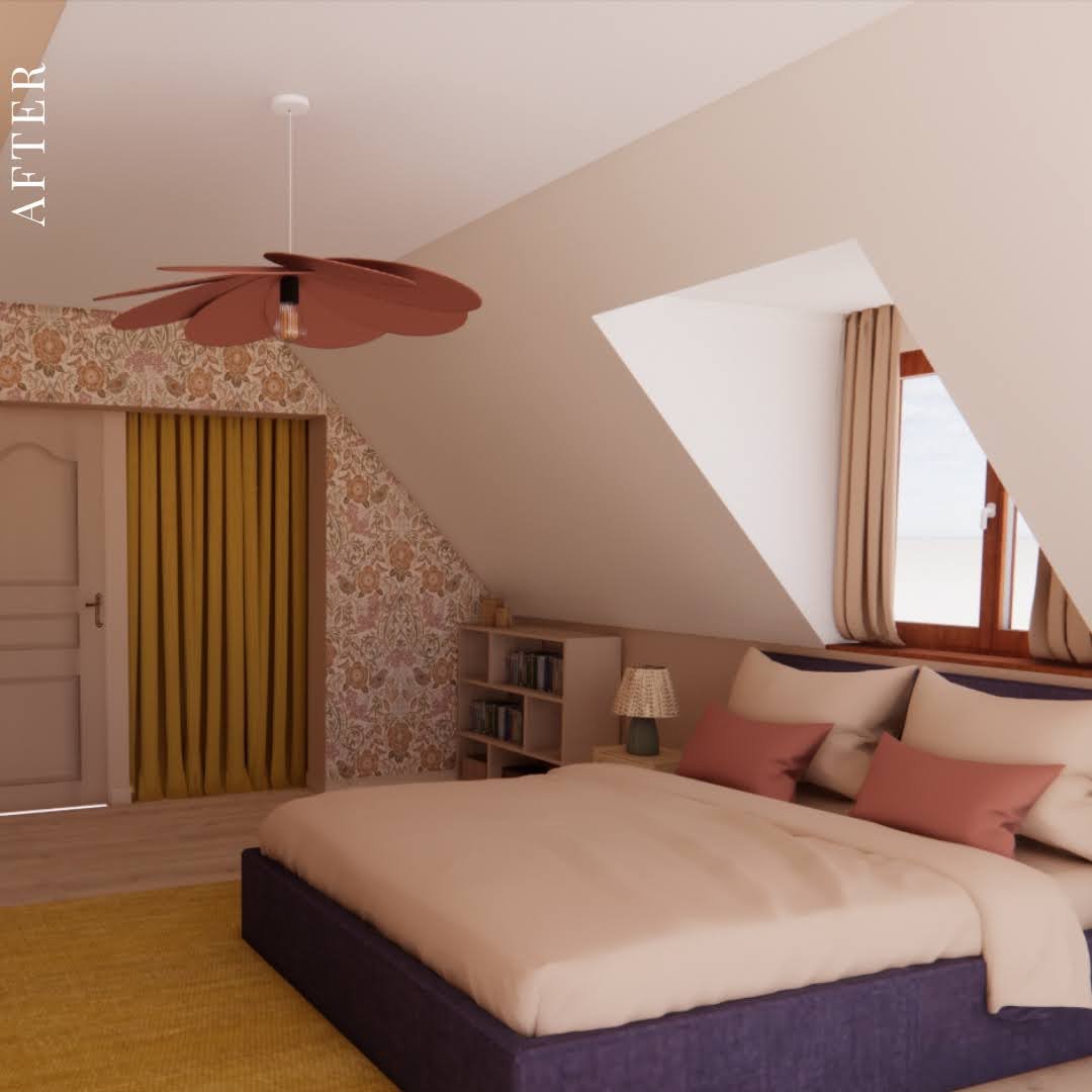 chambre décorée par Maison Mojo beige avec rideaux ocre et luminaire pétales terracotta