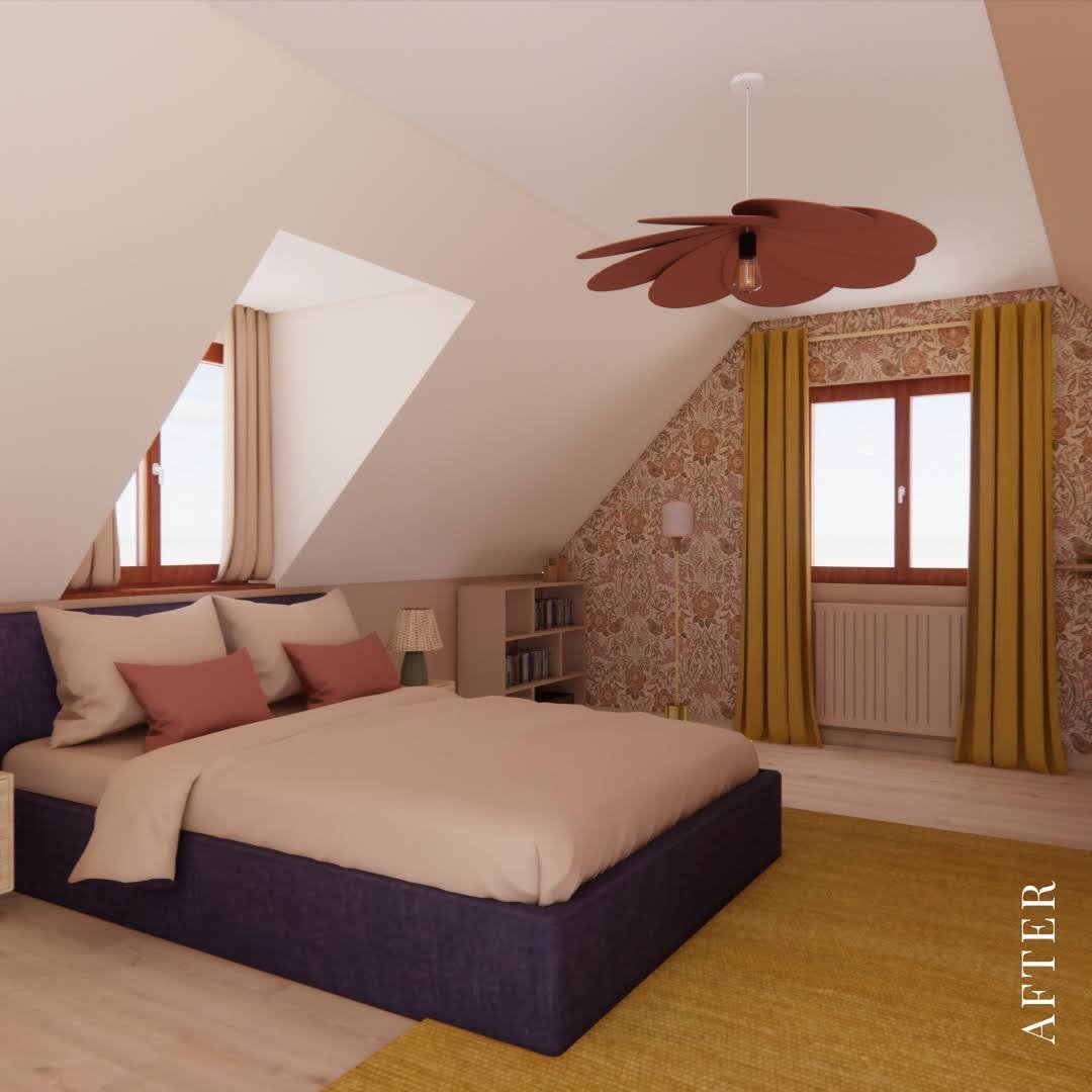 chambre décorée par Maison Mojo beige avec rideaux ocre et luminaire pétales terracotta