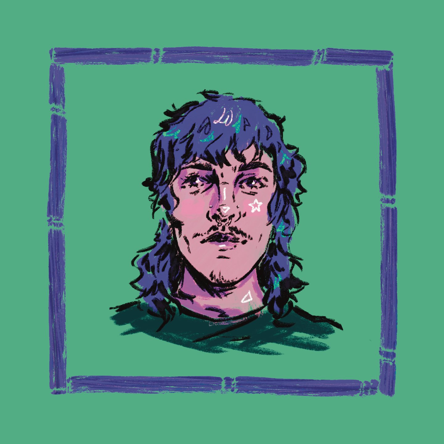 An illustration of an androgynous person with shoulder-length curly hair, a moustache, nose piercings and a septum ring. 