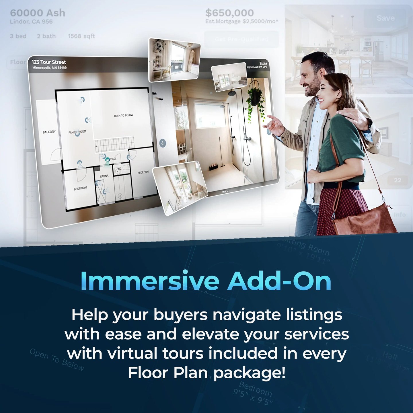 Couple reviewing 2D and 3D real estate floor plans on display