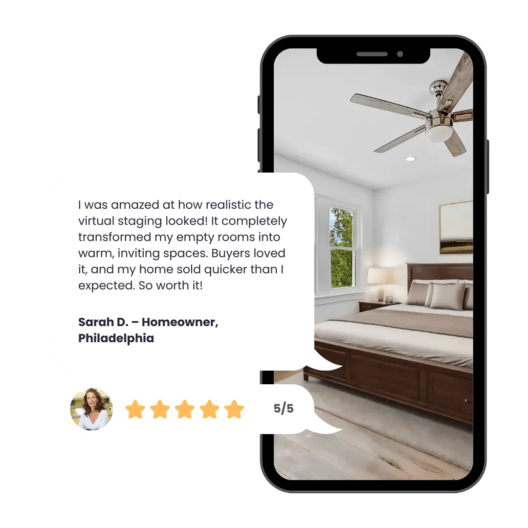 Homeowner testimonial for Space360 virtual staging in Philadelphia, featuring a realistic staged bed