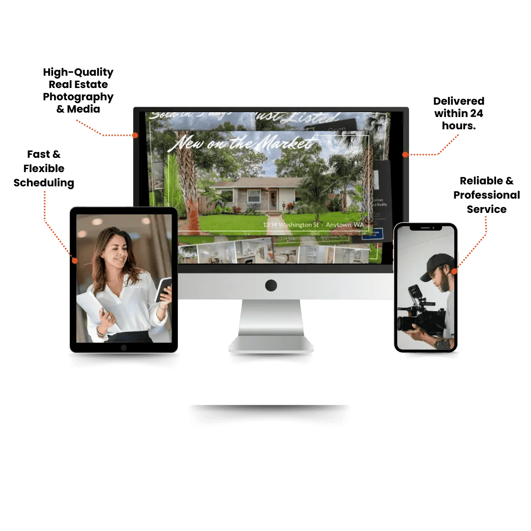 Media services graphic with fast scheduling, HDR photography, 24-hour delivery